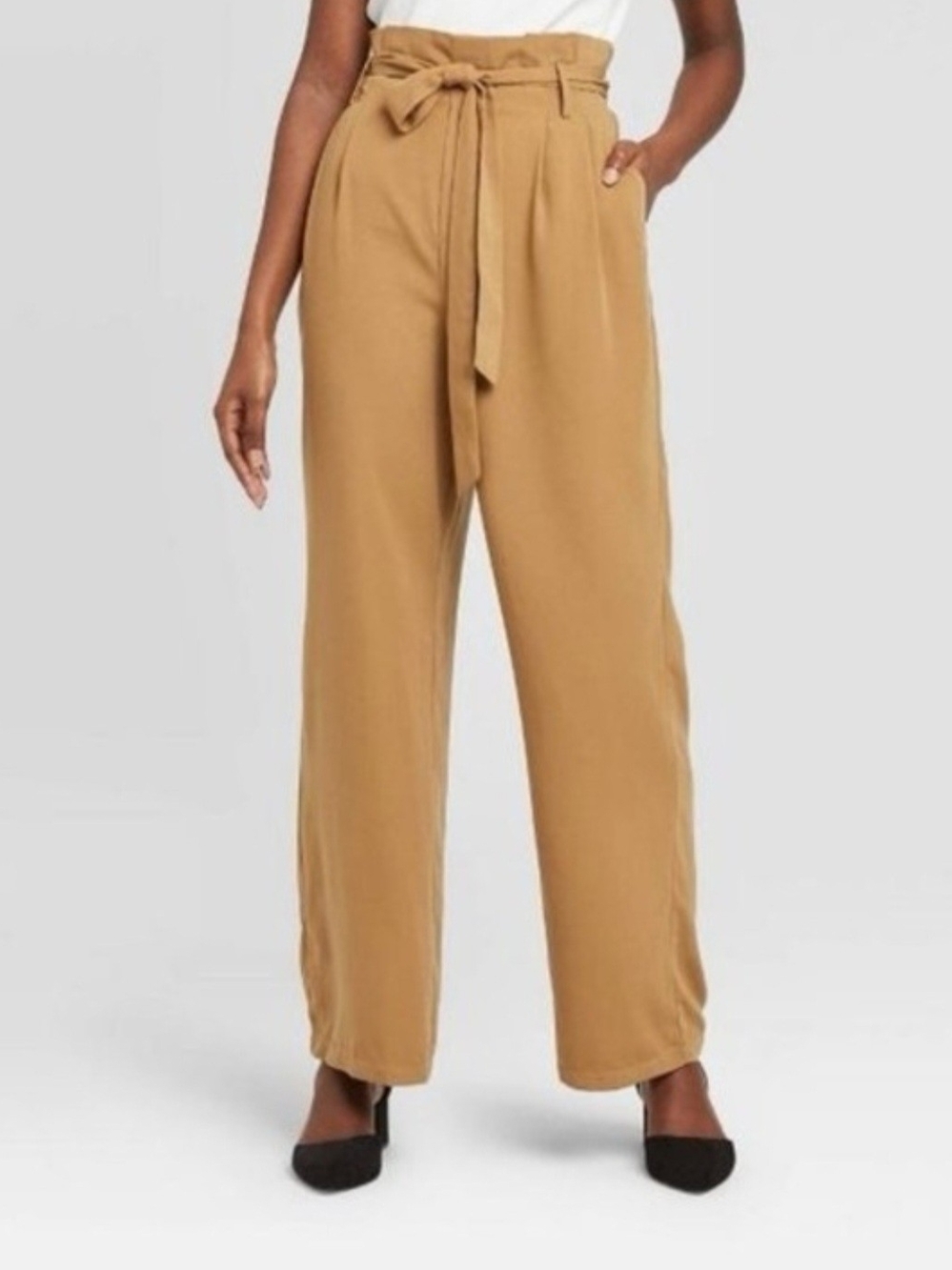 A New Day Tan Paperbag Waist Wide-Leg Tie Pants